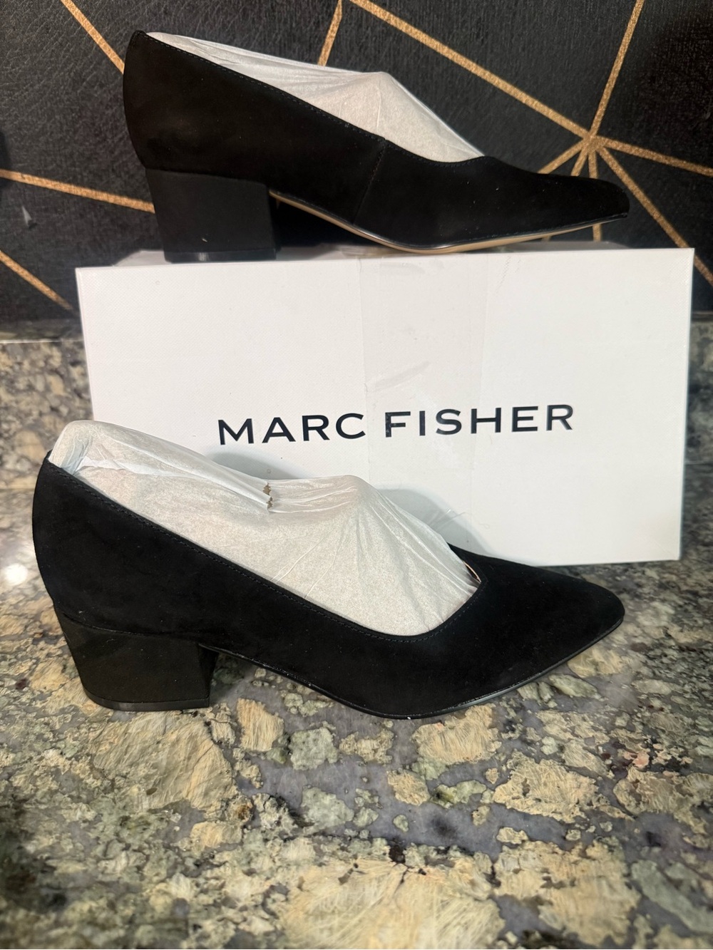 Marc Fisher Black Suede Pointed Toe Low Block Heel Pumps